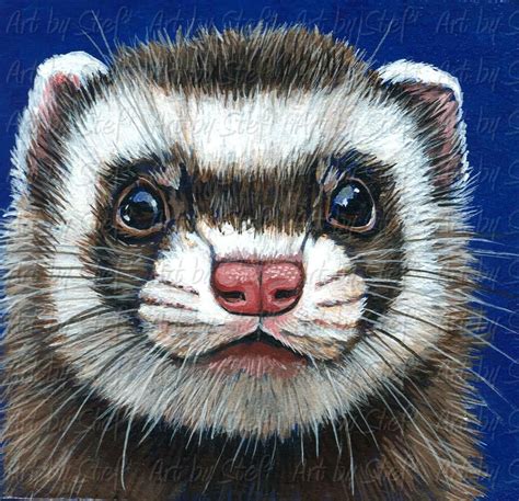 a painting of a ferret's face on a blue background with words written below it