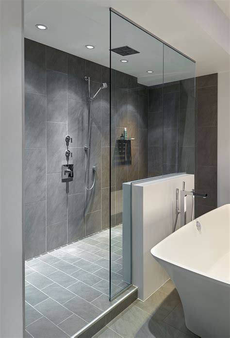 Modern Bathroom with Large Walk-in Doorless Shower and Soaking Tub