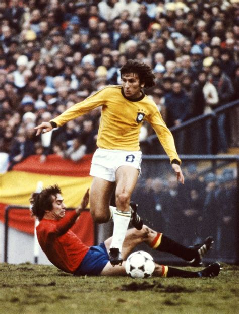 Zico of Brazil rides a challenge during the 1978 FIFA World Cup group ...