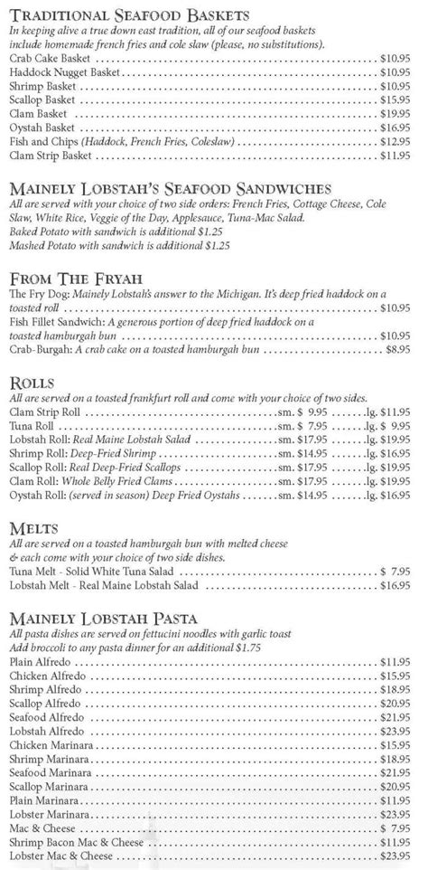 Mainely Lobster & Seafood Menu, Plattsburgh, NY