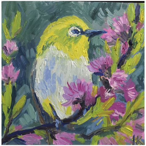 Yellow bird painting, oil on canvas, Original birds wall art - Inspire Uplift