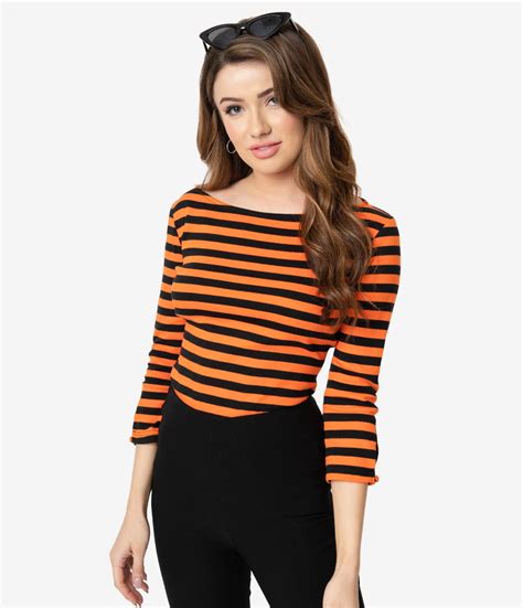 Unique Vintage Black & Orange Stripe Knit Three-Quarter Sleeve Gracie Top | Striped knit ...