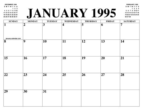 JANUARY 1995 CALENDAR OF THE MONTH: FREE PRINTABLE JANUARY CALENDAR OF ...