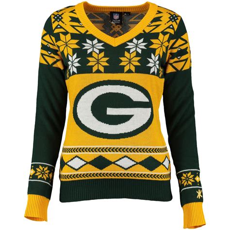 Green Bay Packers Klew Women's Big Logo V-Neck Ugly Sweater - Green/Gold