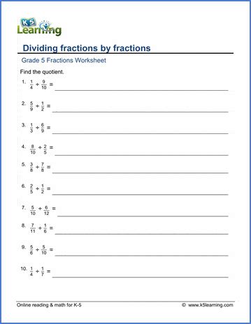 Grade 5 Math Worksheets: Dividing fractions by fractions | K5 Learning