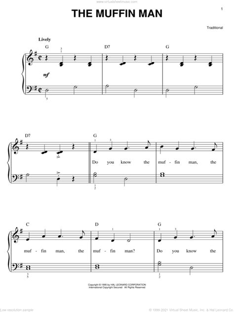 The Muffin Man sheet music (easy) for piano solo (PDF)