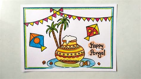 Easy Pongal Drawing / How to draw Pongal poster drawing tutorial for beginners / Uttarayan ...