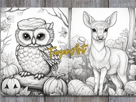 Autumn Animals Coloring Book, Fall Animals Coloring Pages, Autumn Charm, Grayscale Autumn Leaves ...