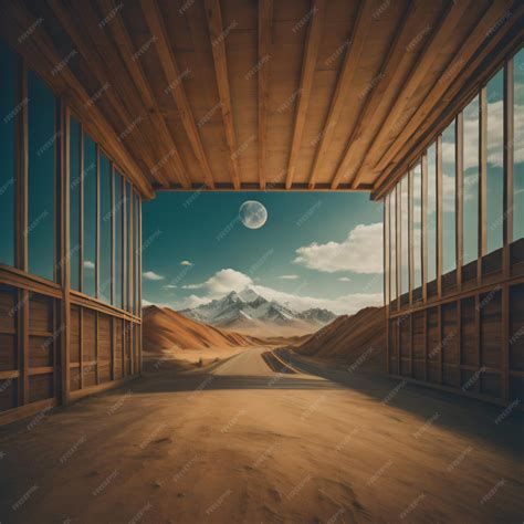 Premium Photo | A room with a full moon and mountains in the background.