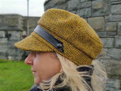 Ladies Tweed Newsboy Hat - yellow herringbone - 100% Pure New Wool ...