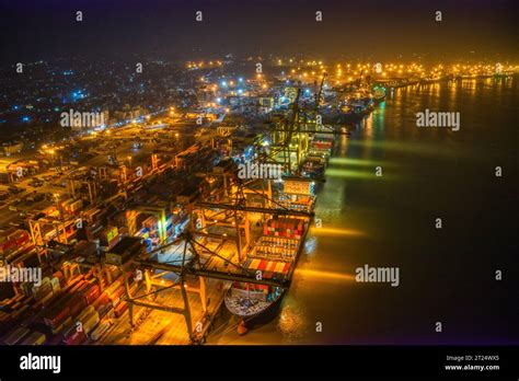 Night view of Chittagong Port. It is the main seaport of Bangladesh ...