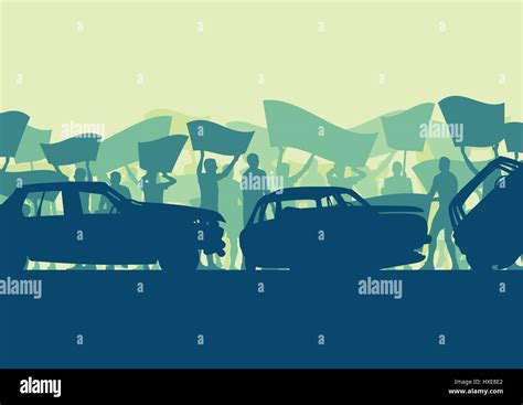 Protest people crowd and broken car silhouette vector background landscape demonstrate concept ...