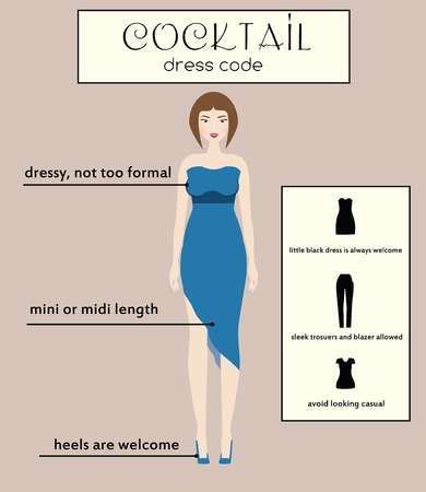 Woman cocktail dress code infographic. Female in dressy blue midi dress ...