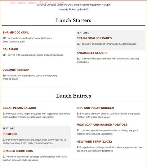 Online Menu of Cedar Creek Inn Restaurant, Brea, California, 92821 - Zmenu