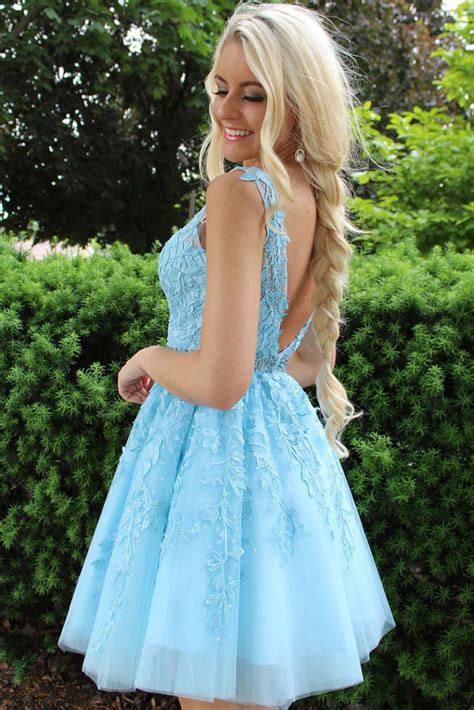 A Line V Neck Ice Blue Short Lace Prom Dress, Ice Blue Short Lace Home ...