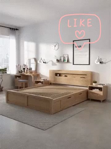 a modern bedroom with white walls and wooden furniture in the room, including a large bed