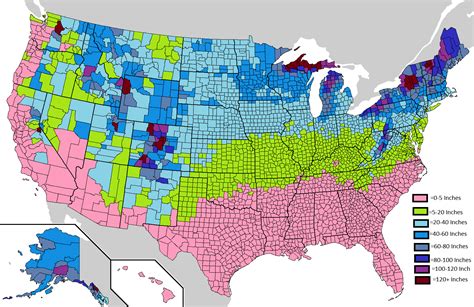 Snowfall in the United States by County | Map, Weather map, Data map