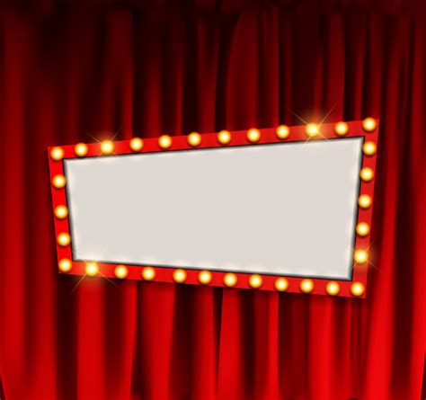 Realistic retro cinema announcement board with bulb frame on curtains background. Vector ...