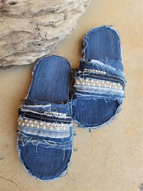 Custom Denim Slides With Pearl Accents and Bling - Etsy