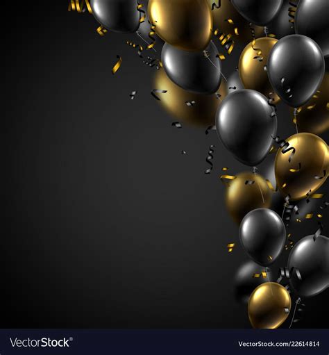 Festive poster with black and gold shiny balloons and serpentine. … | Convite de aniversario ...