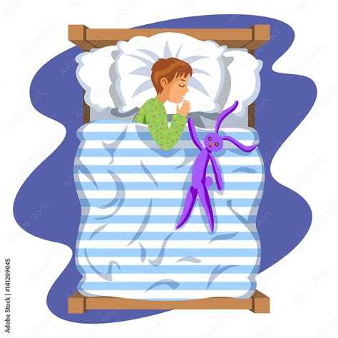 Boy sleep bedtime in his bedroom bed with toy bunny. Cartoon sleeping ...