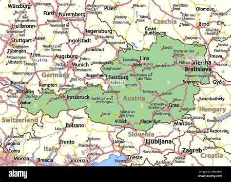 Map of Austria. Shows country borders, urban areas, place names and ...