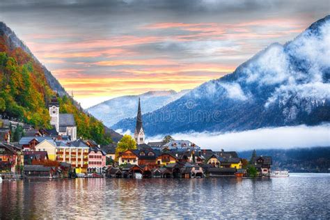 Scenic View of Famous Hallstatt Mountain Village with Hallstatter Lake ...