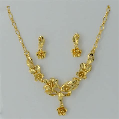 Gold Flower set Jewelry Necklace Pendant Earrings Plant Gold Plated Wedding set Bridal Arab ...