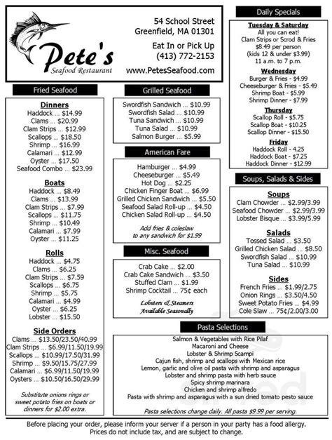 Pete's Seafood Restaurant menu in Greenfield, Massachusetts