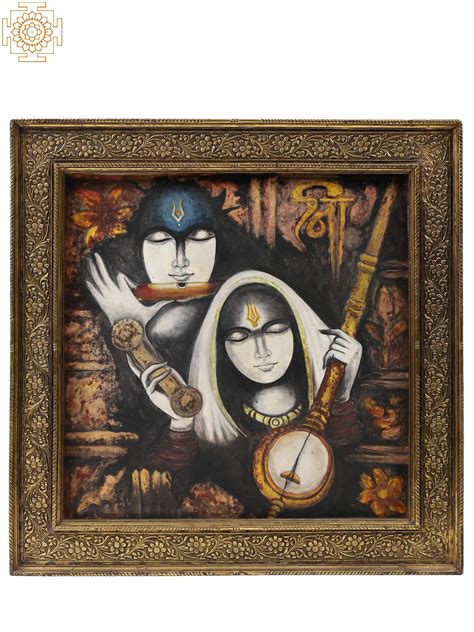 Mirabai and Bhagwan Krishna Oil Painting With Carved Floral Frame | Exotic India Art