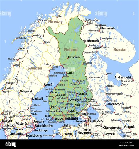 Map of Finland. Shows country borders, urban areas, place names and roads. Labels in English ...