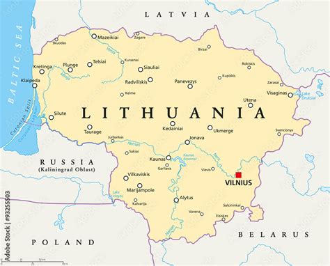 Lithuania political map with capital Vilnius, national borders, important cities, rivers and ...