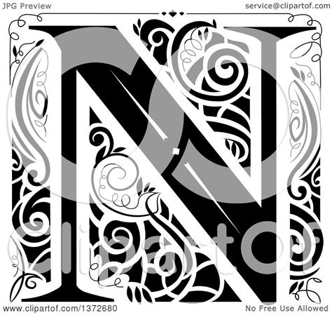 Clipart of a Black and White Vintage Letter N Monogram - Royalty Free Vector Illustration by BNP ...