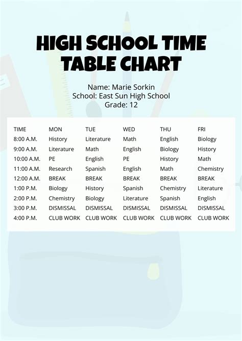 High School Time Table Chart Template in PDF - Download | Template.net