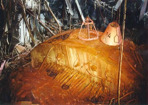 “Elena,” the 2000 ton concrete lid of Chernobyl Reactor 4, lying on its ...