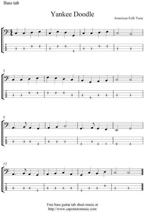 Free bass guitar tab sheet music, Yankee Doodle