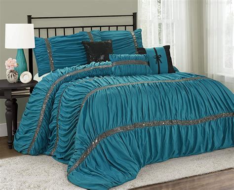 HIG 7 Piece Comforter Set King-Teal Microfiber Ruffles Silver Sequins Embroidery-CLARAITA Bed In ...