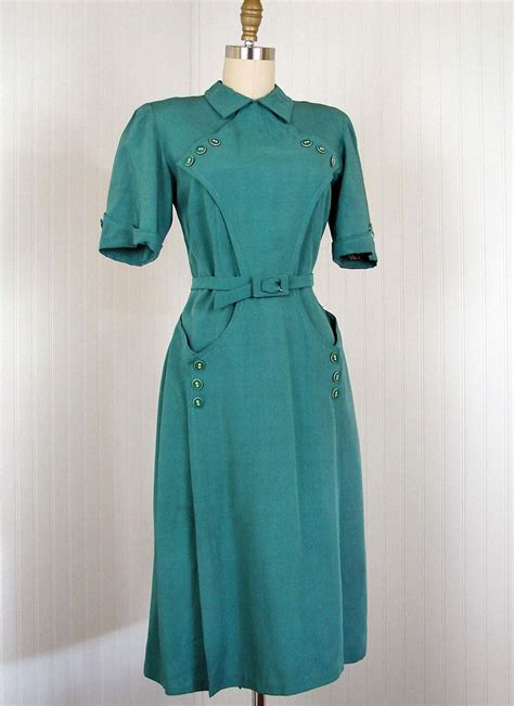 1940s Dress - Vintage 40s French Couture Dress Green Rayon Avant Garde Military Deco Swing Dress ...