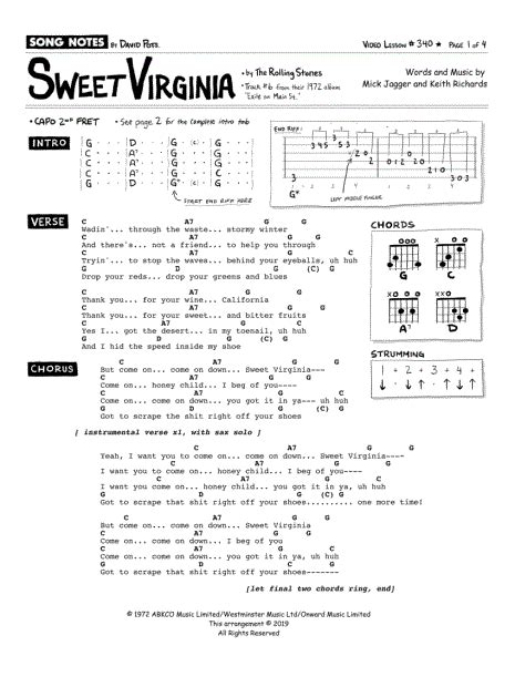 Song Notes by David Pots "Sweet Virginia" Guitar Tab in G Major ...