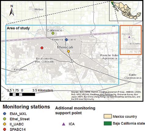 Map of the study area of Mexicali and Calexico (inside blue border) and... | Download Scientific ...