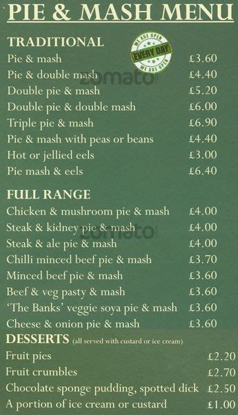 Menu & prices for Goddards pie and mash shop Old London, East London ...