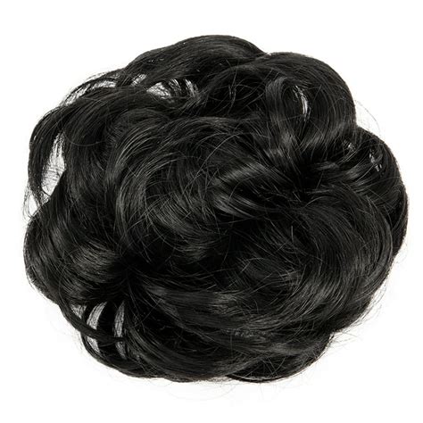 Dark Black Synthetic Clip in Messy Hair Bun Chignon Donut Ponytail Wig for Women Curly ...