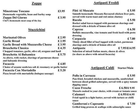 Menu at Bar Italia, Edinburgh