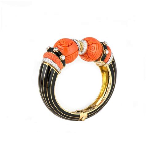 *David Webb Coral, Diamond, Black Enamel Bracelet