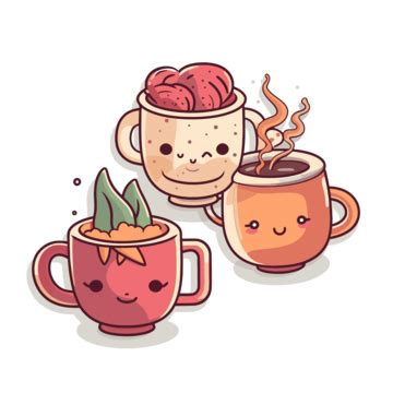 Three Kawaii Mugs With Different Food And Beverage Vectors Clipart, Sticker Design With Cartoon ...