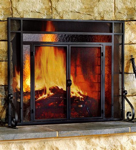 2-Door Steel Fireplace Fire Screen with Tempered Glass Accents, Black ...