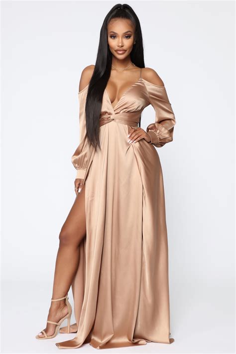 Mansion Dinner Party Satin Gown - Gold/Brown, Dresses | Fashion Nova