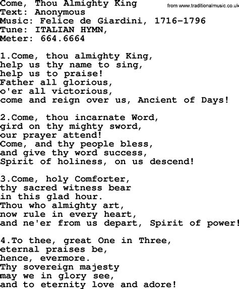 Pentecost Hymns, Song: Come, Thou Almighty King - lyrics and PDF