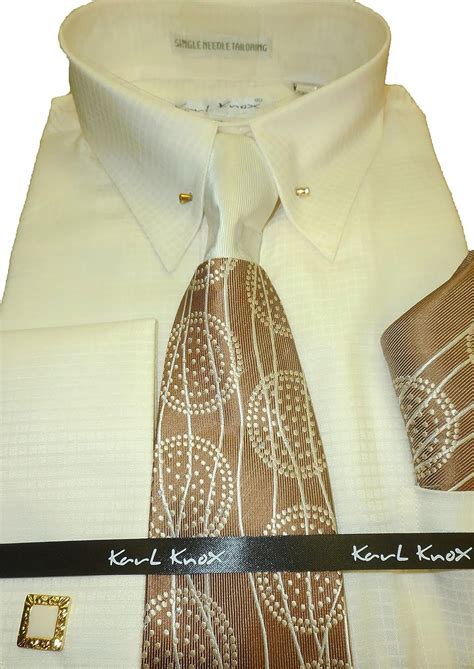 Karl Knox SX4341 Mens Ivory Cream Check Collar Bar French Cuff Dress Shirt (L 16.5 collar 34/35 ...