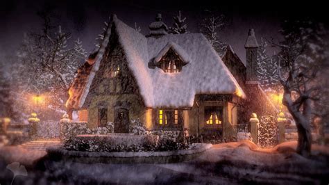 Download Winter Night Snow Snowfall House Man Made Cottage HD Wallpaper by Galyna Ginko